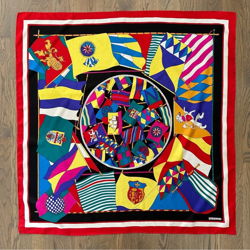 Vintage Harvé Bernard Multicolor Nautical Flag Motif 100% Silk Scarf 34